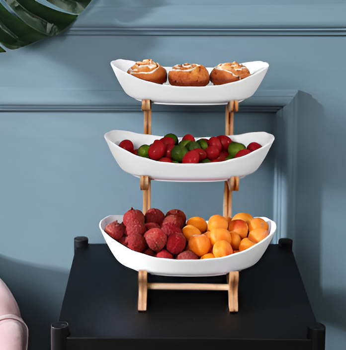 Three-Tier Serving Tray with Wooden Frame and Plastic Trays