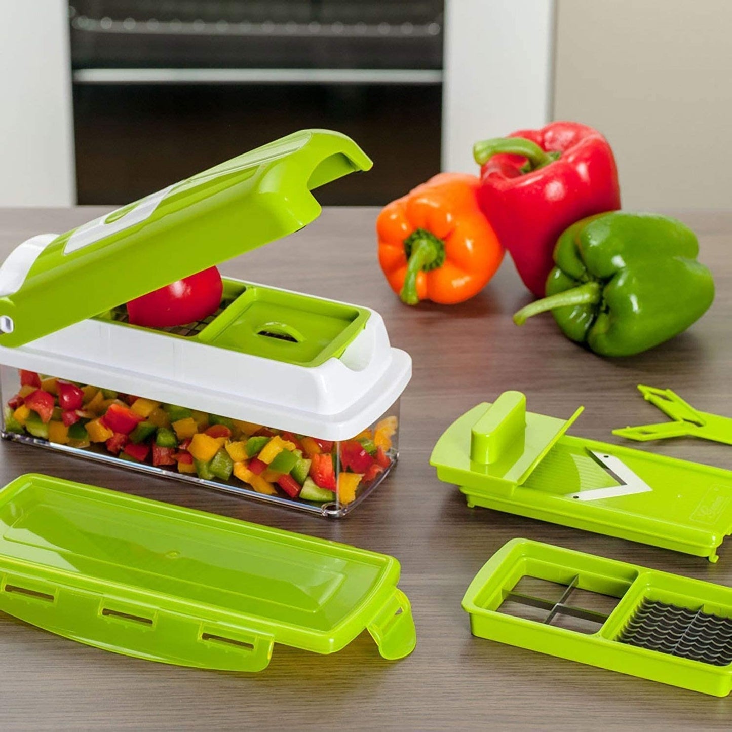 Vegetable Slicer with 8 Interchangeable Blades and Hand Guard, Built-in Container