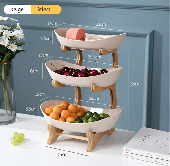 Three-Tier Serving Tray with Wooden Frame and Plastic Trays