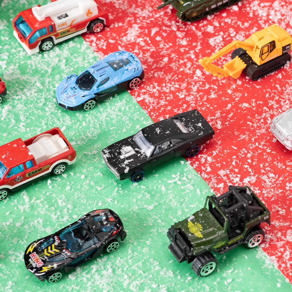 24 Diecast Cars Advent Calendar with Numbered Doors and Varied Vehicle Types