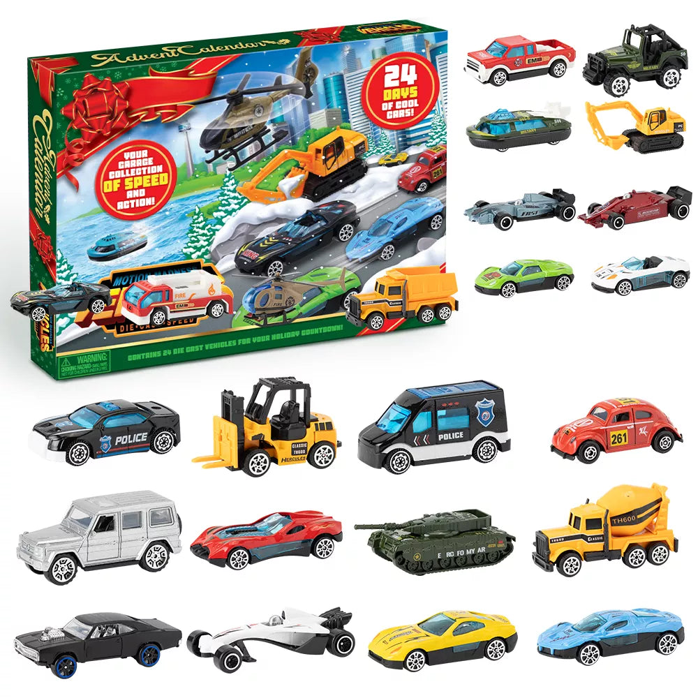 24 Diecast Cars Advent Calendar with Numbered Doors and Varied Vehicle Types
