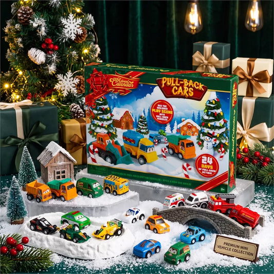 Pull Back Car Advent Calendar with 24 Toy Vehicles and Numbered Doors for Ages 3 and Above