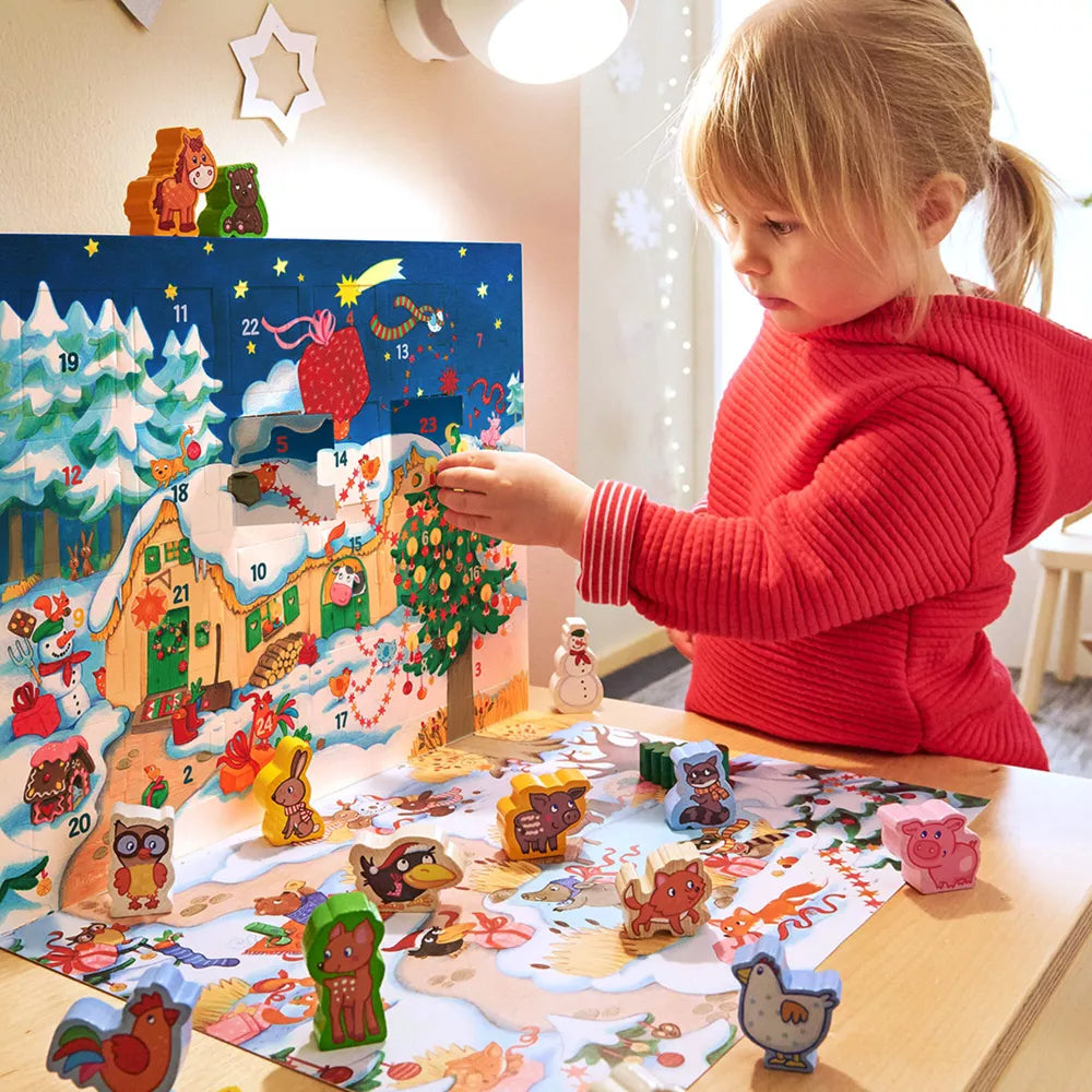 Wooden Advent Calendar with 24 Farmyard Animals and Story Book for Toddlers