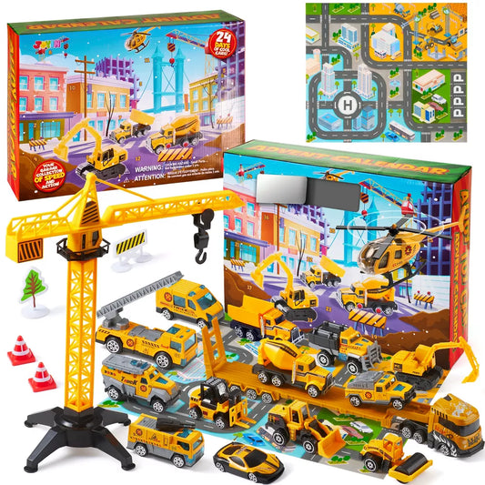 Construction Vehicle Advent Calendar with 24 Alloy Pieces and Foldable City Play Mat for Ages 3 Plus