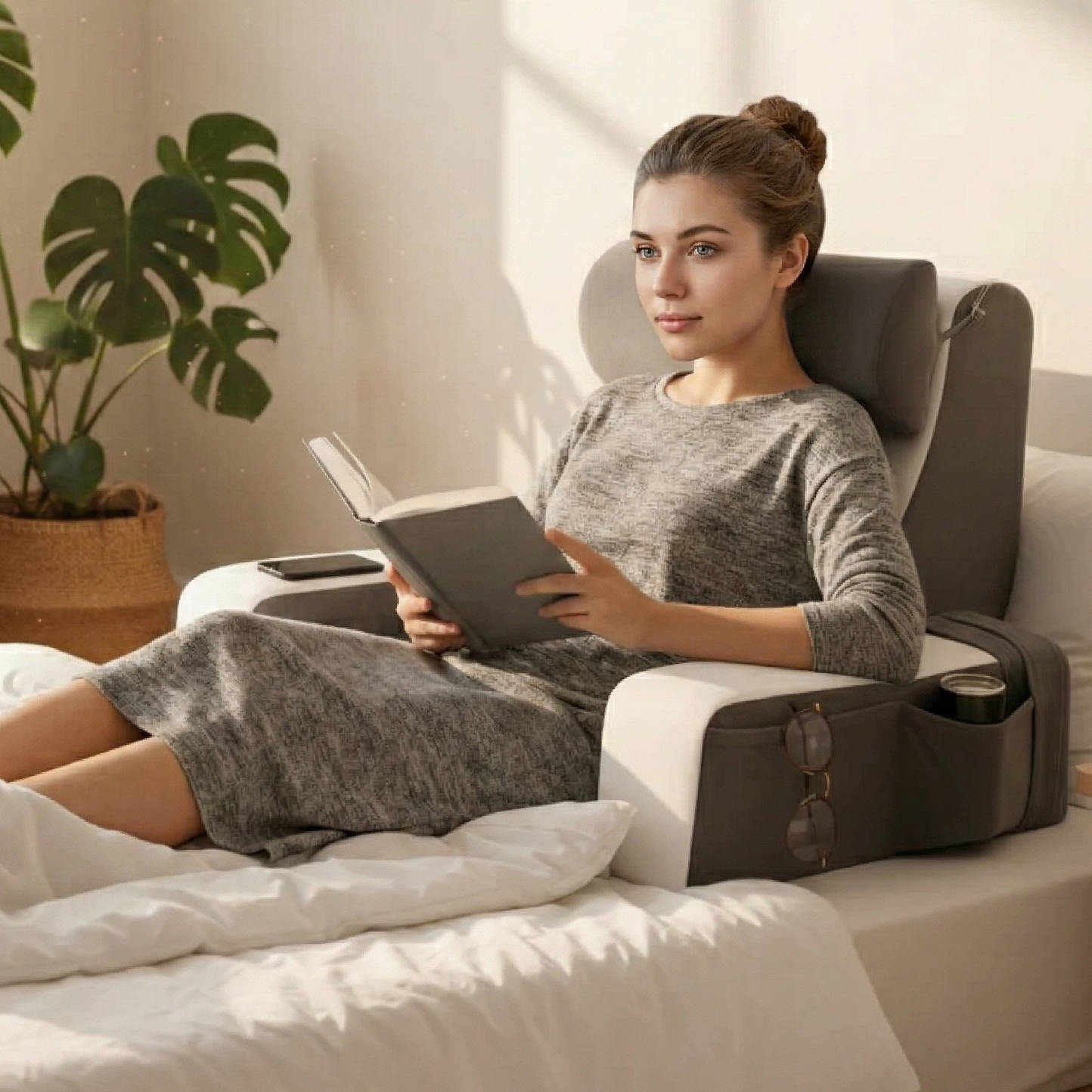 Memory Foam Bed Rest Pillow with Arms & Big Pockets for Adults, Reading Pillow for Bed