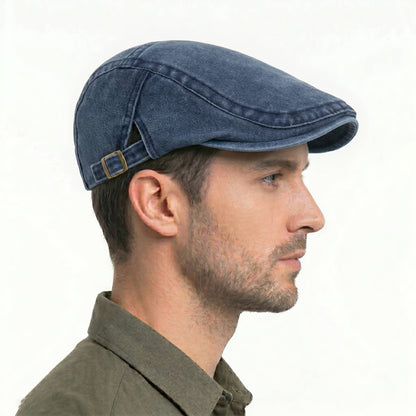 Washed Cotton Denim Newsboy Cap with Adjustable Interior Band and Eight Panel Design