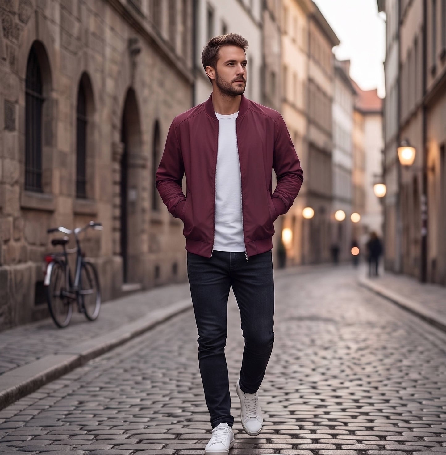Mens Bomber Jacket with Metal Zipper and Rib Knit Trim for Spring Fall