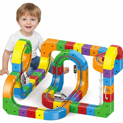 Motorized Magnetic Train Set with Flexible Track Cubes and Traffic Signs