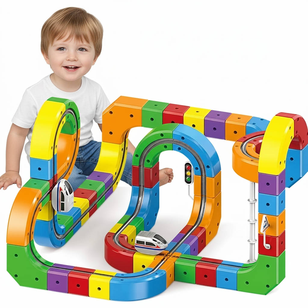 Motorized Magnetic Train Set with Flexible Track Cubes and Traffic Signs