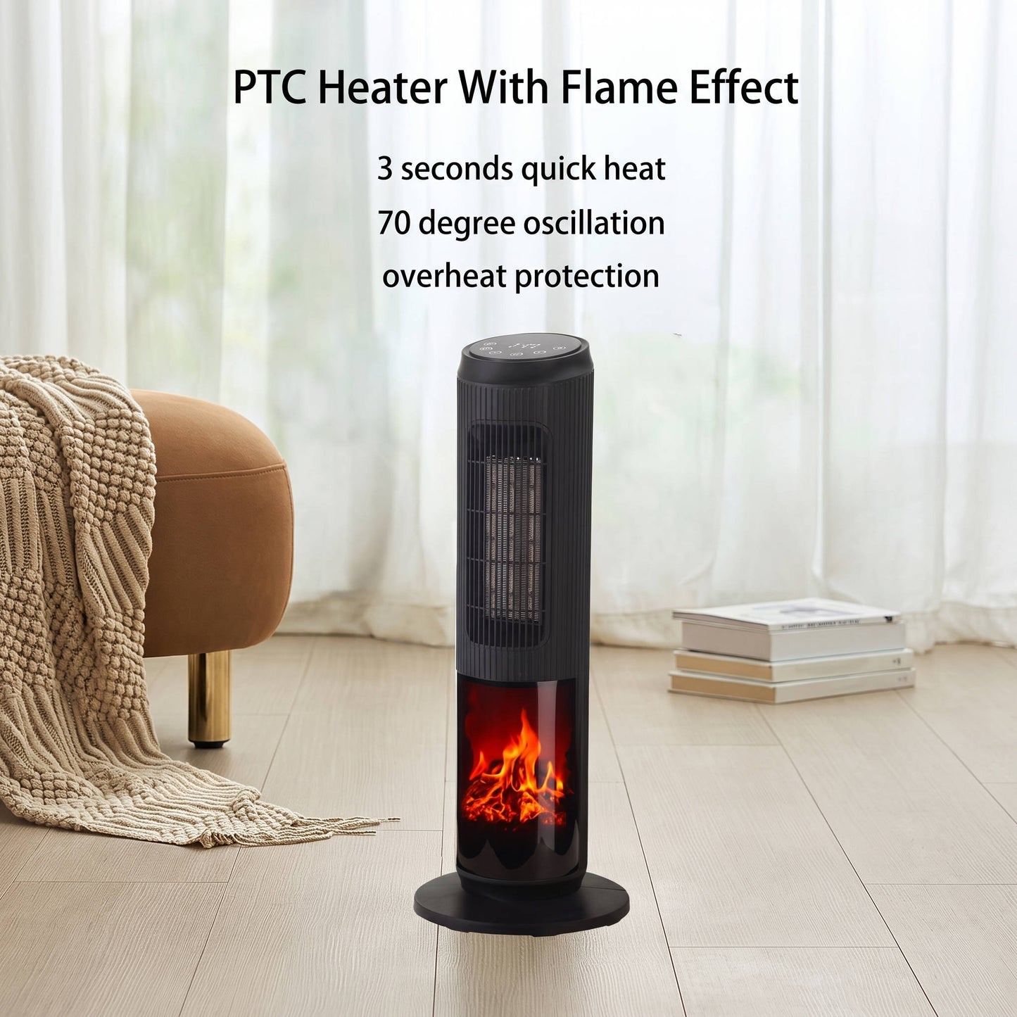 27" Ceramic Tower Space Heater, Electric Heater for Large Rooms with 3D Flame, Oscillation & Remote Control