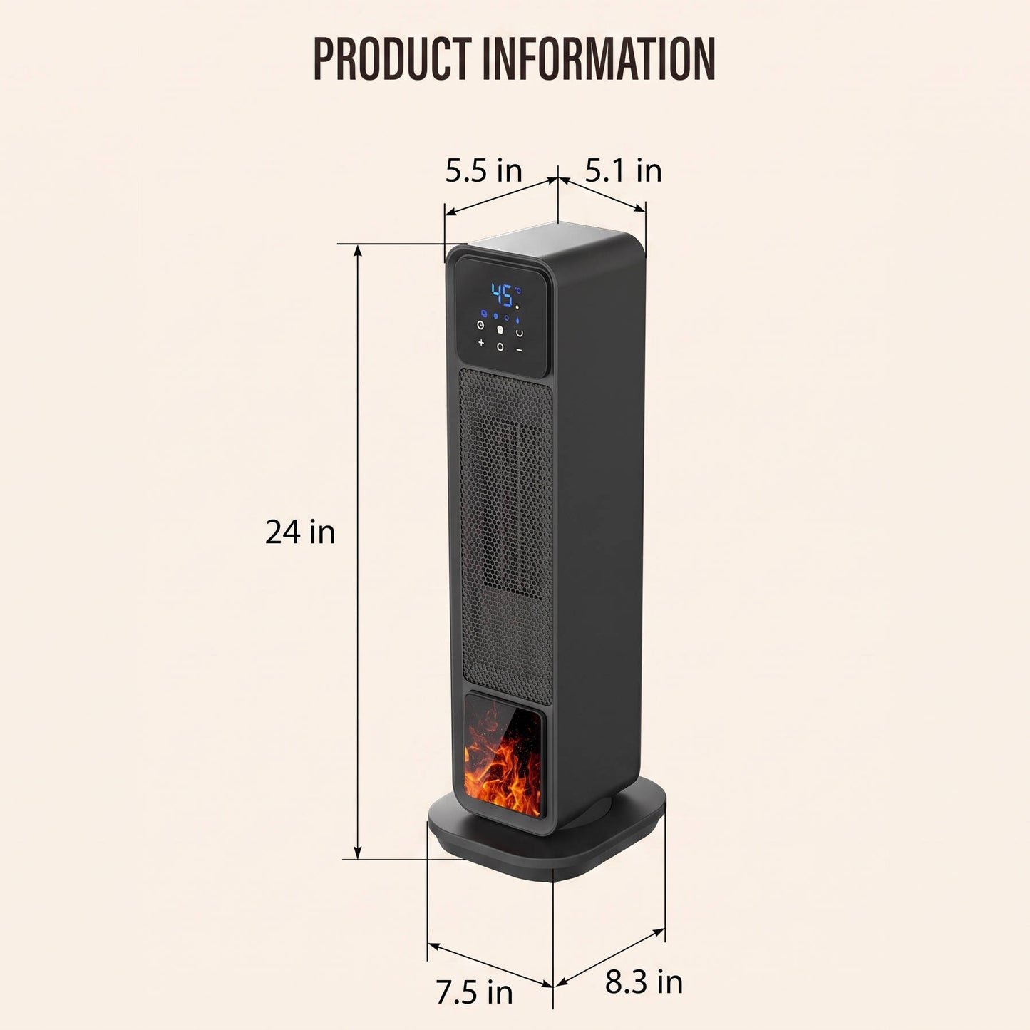 Oscillating Ceramic Space Heater, Electric Tower Heater with 3D Flame and Remote for Large Room Bedroom Office Home