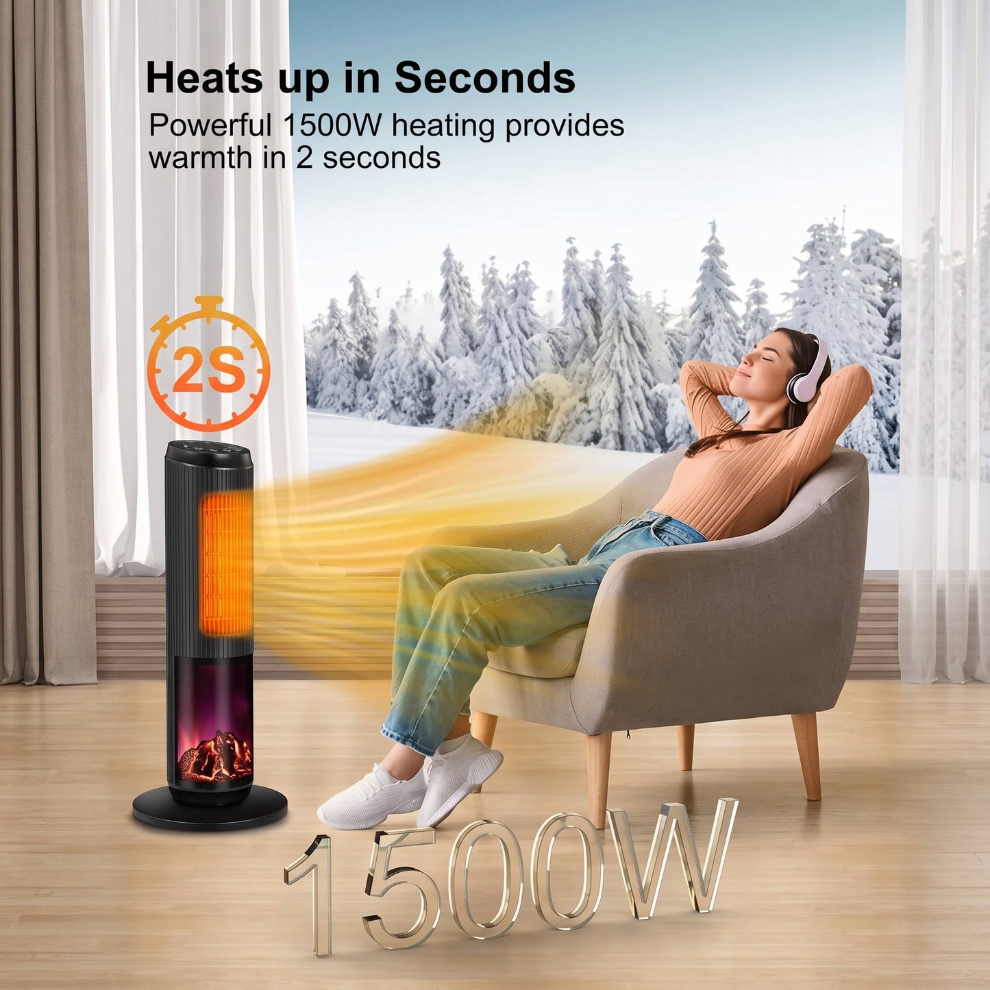 27" Ceramic Tower Space Heater, Electric Heater for Large Rooms with 3D Flame, Oscillation & Remote Control