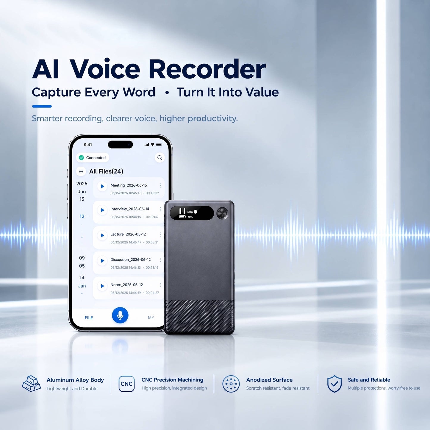 AI Voice Recorder, Smart Meeting Notes, Real Time Translation & AI Noise Reduction, Portable Digital Audio Recorder