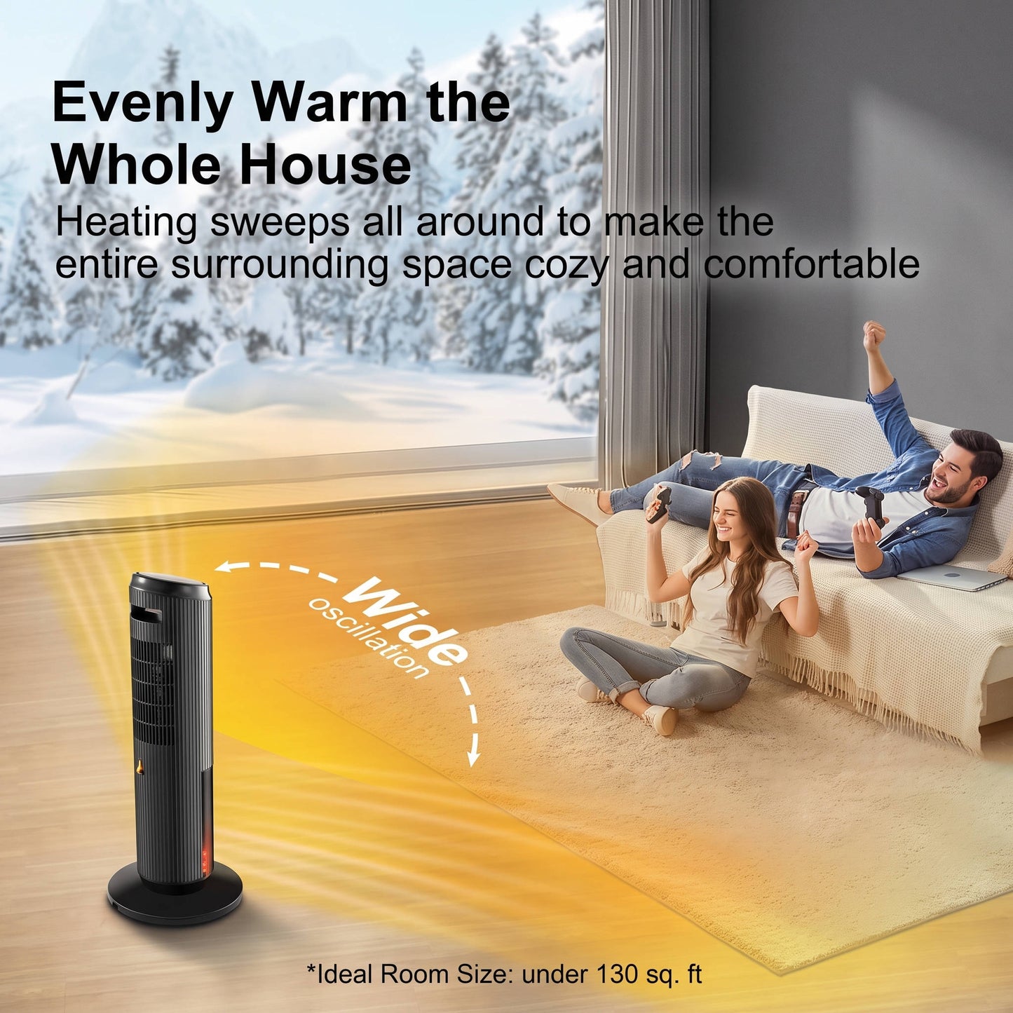 27" Ceramic Tower Space Heater, Electric Heater for Large Rooms with 3D Flame, Oscillation & Remote Control