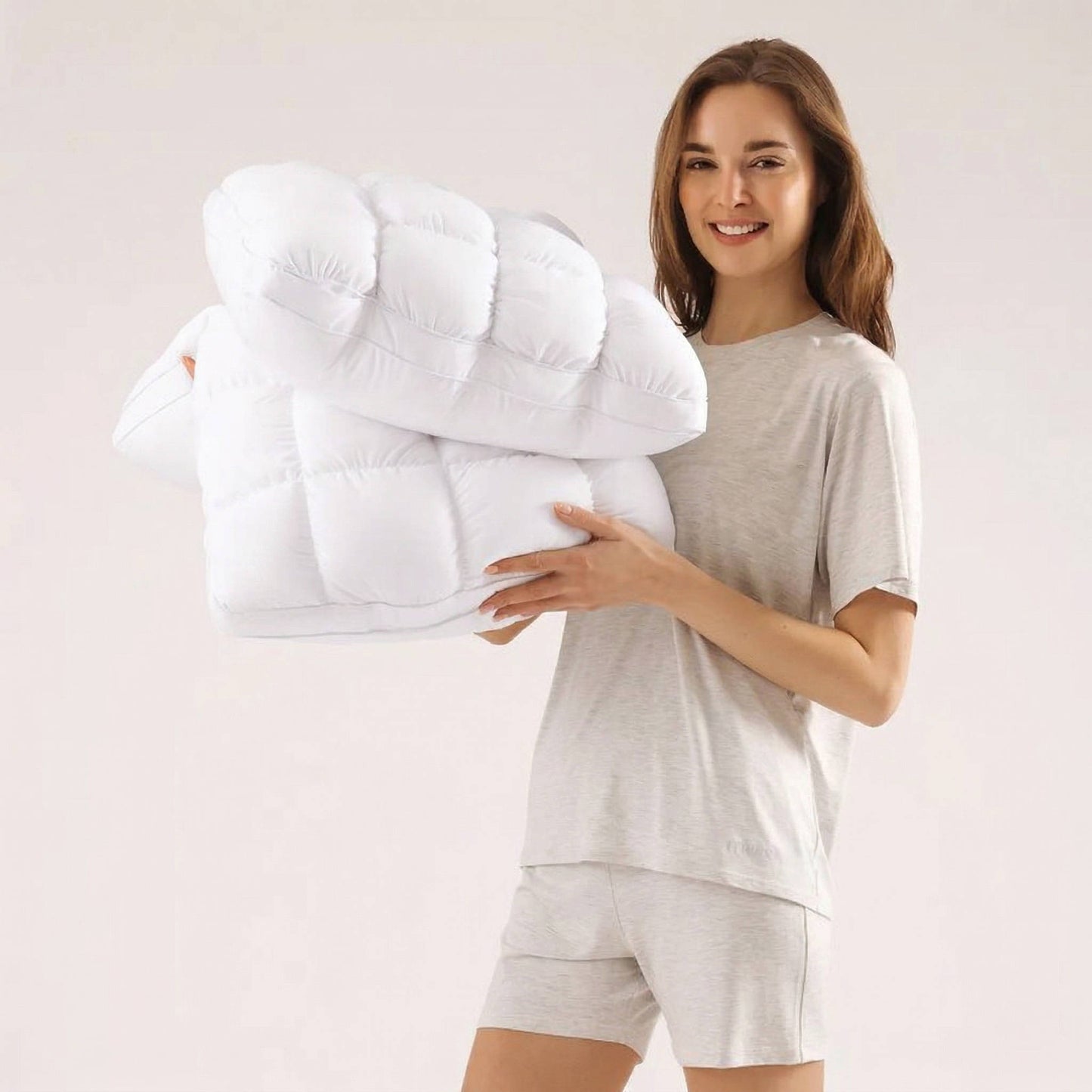 Soft Quilted Puff Grid Design Pillow, Fluffy Breathable Support for Side, Back & Stomach Sleepers, Plush Bed Pillow