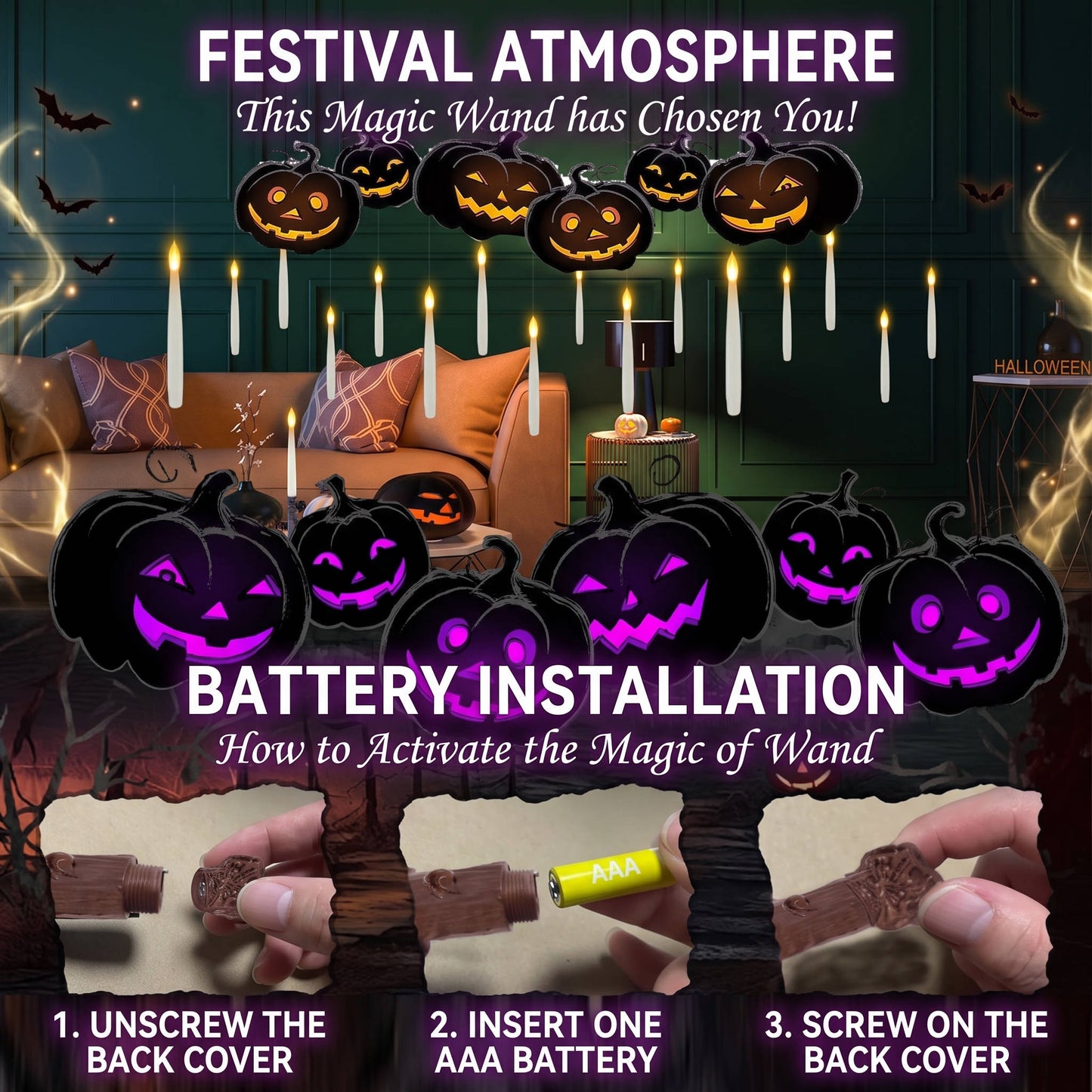 20 Pcs Floating Candles, Halloween Decorations with Wand Timer for Indoor Party Decor and Haunted House Displays