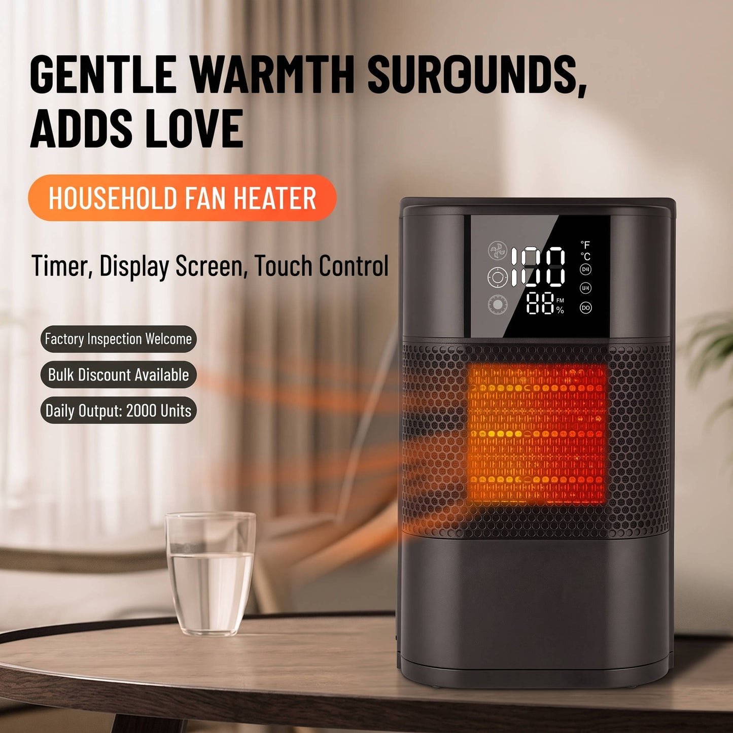 Portable Electric Space Heater, PTC Ceramic Desktop Heater with Digital Display and Thermostat for Bedroom Office Home