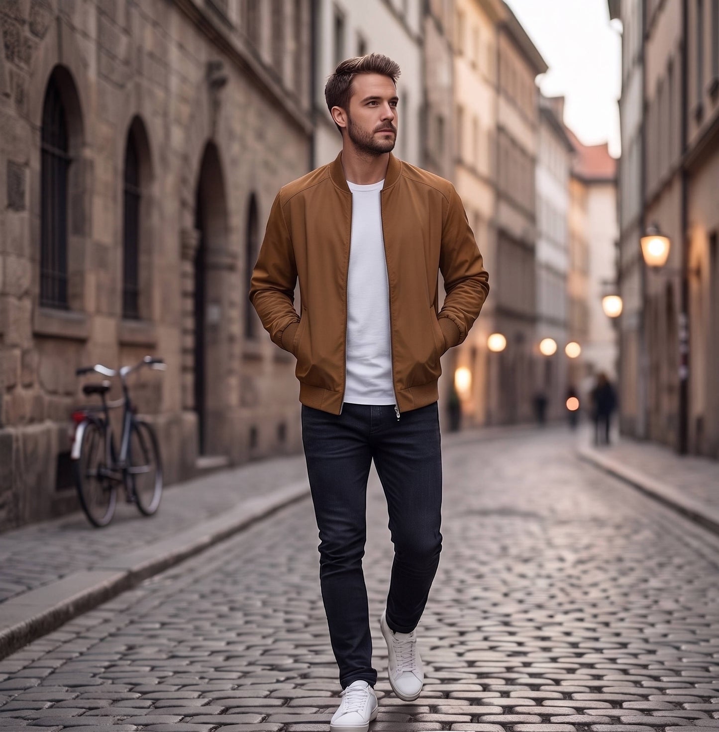 Mens Bomber Jacket with Metal Zipper and Rib Knit Trim for Spring Fall