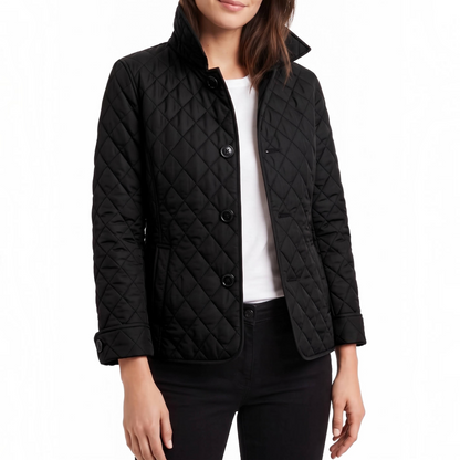 Womens Diamond Quilted Jacket with Stand Collar and Button Front, Hip Length