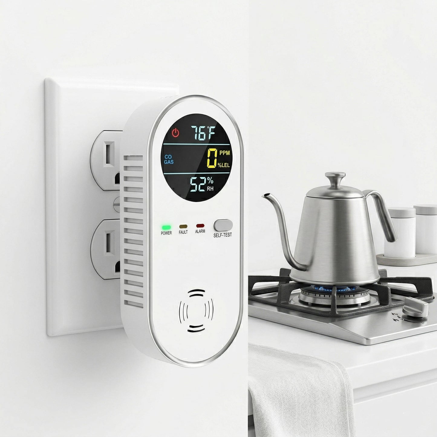 4 in 1 Plug in Carbon Monoxide and Natural Gas Detector, CO, Propane & Gas Alarm with Temp & Humidity Display, Home Safety Monitor