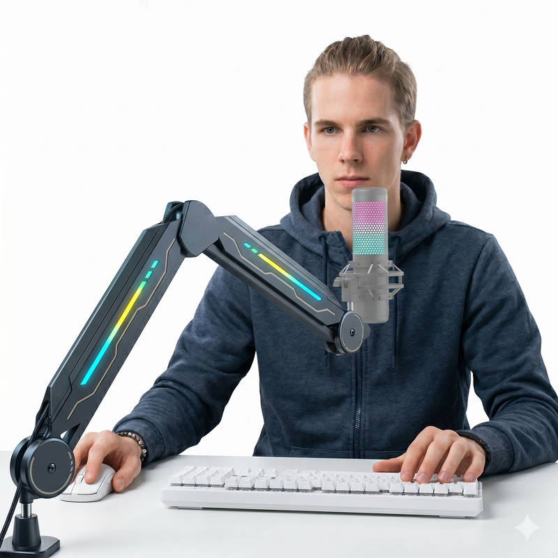 RGB Mic Boom desk Arm Stand Adjustable, 11 Light Modes Durable Steel USB Mic Stand for Gaming Streaming Podcast Recording