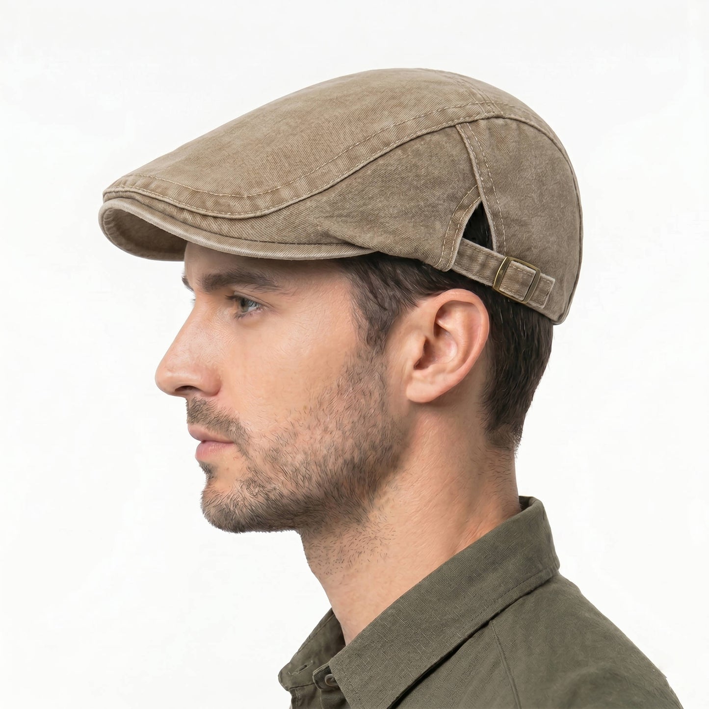 Washed Cotton Denim Newsboy Cap with Adjustable Interior Band and Eight Panel Design