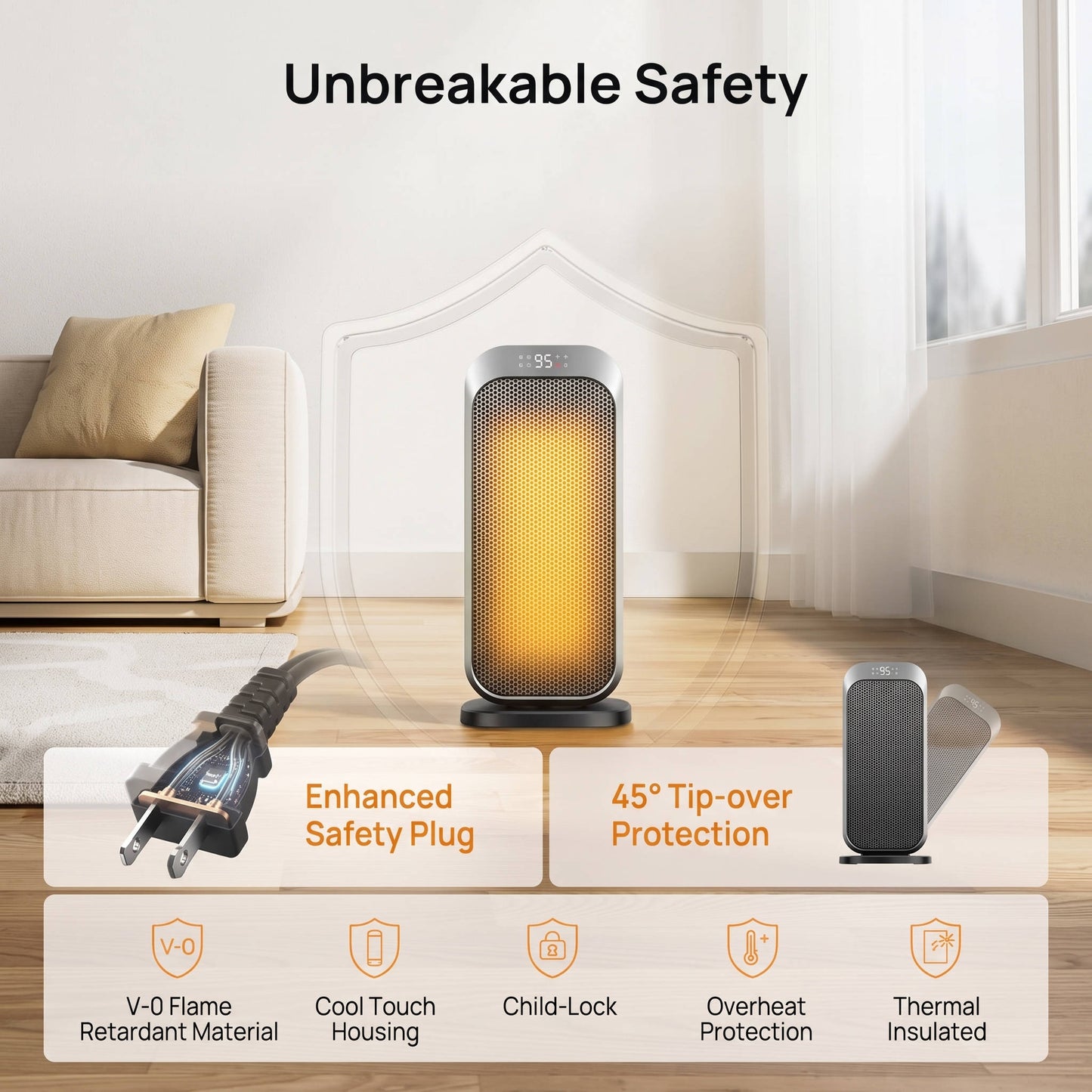 Quiet Portable Space Heater, Electric Indoor Heater with Remote Control for Home, Office & Bedroom