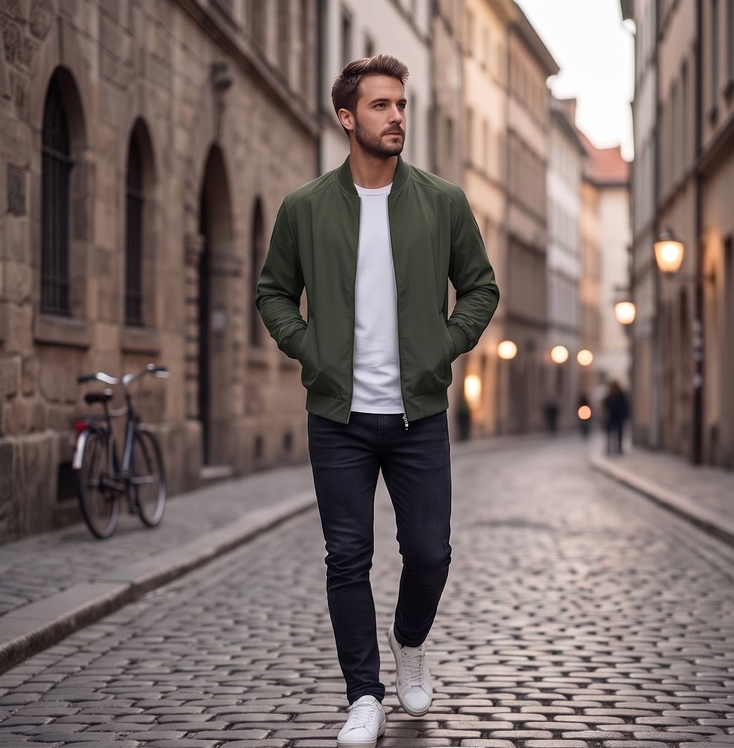 Mens Bomber Jacket with Metal Zipper and Rib Knit Trim for Spring Fall