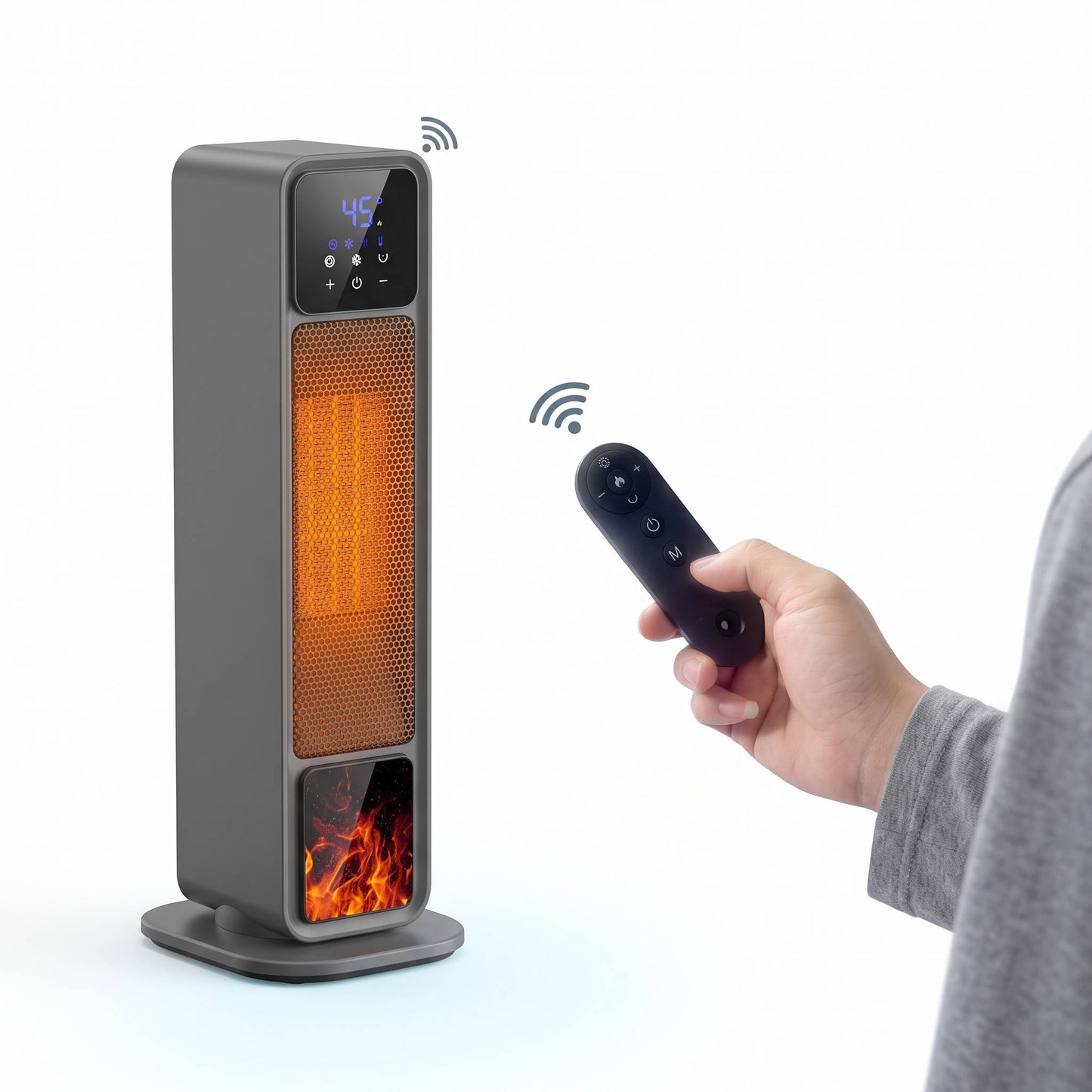 Oscillating Ceramic Space Heater, Electric Tower Heater with 3D Flame and Remote for Large Room Bedroom Office Home