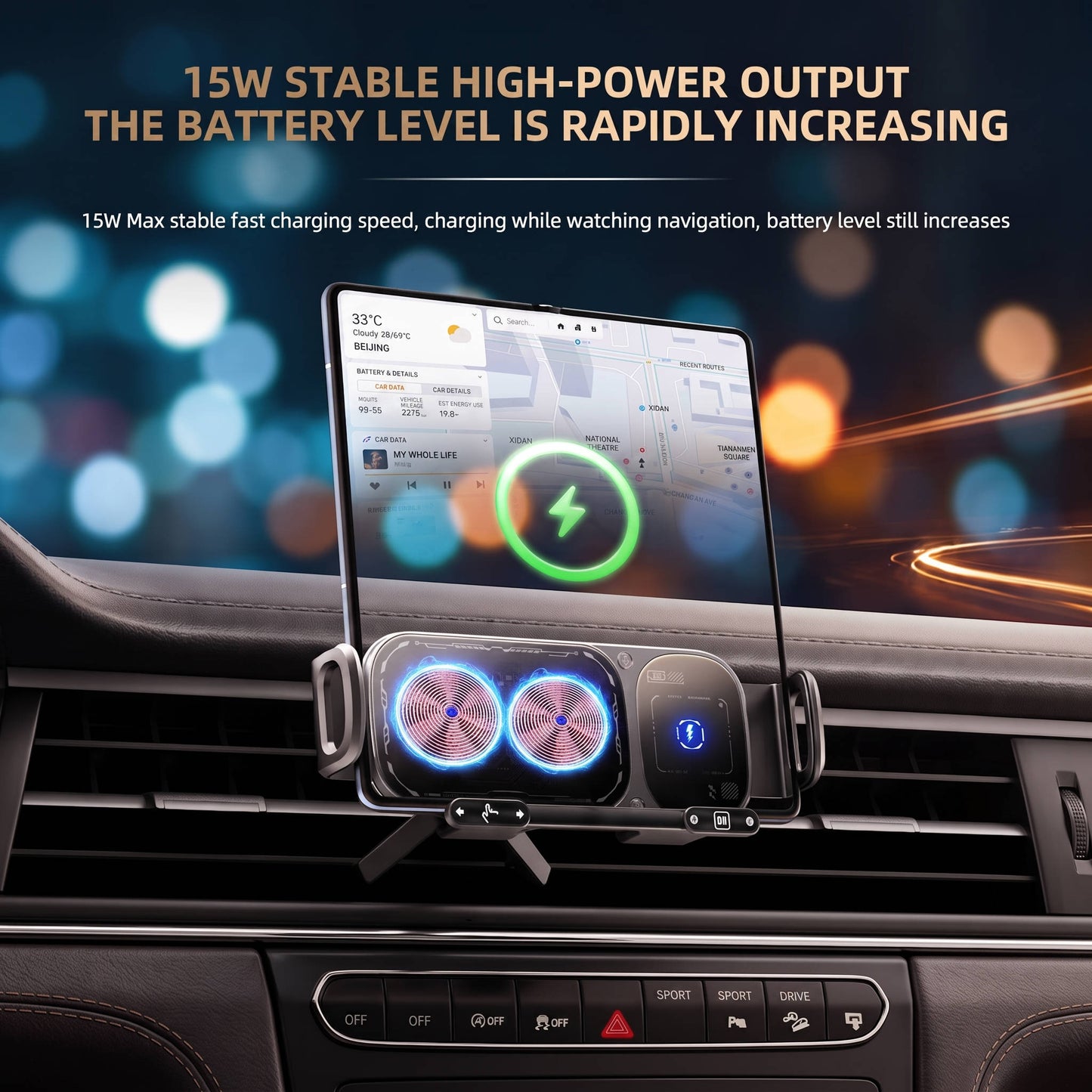 Wireless Charging Car Phone Mount, 15W Fast Charge, 90° Rotation, Air Vent Clip, One Touch Release for Foldable Phones