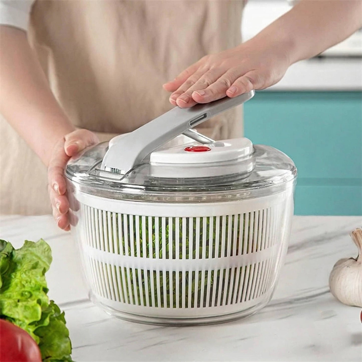 3L One Handed Press Salad Spinner, Large Lettuce & Vegetable Washer Dryer with Brake Button, BPA Free Mixer & Drainer