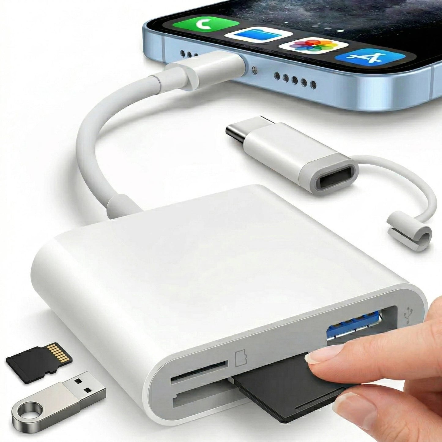 2 in 1 iPhone SD Card Reader, OTG USB Camera Adapter for iPad, Plug & Play Trail Cam Viewer, Lightning Interface