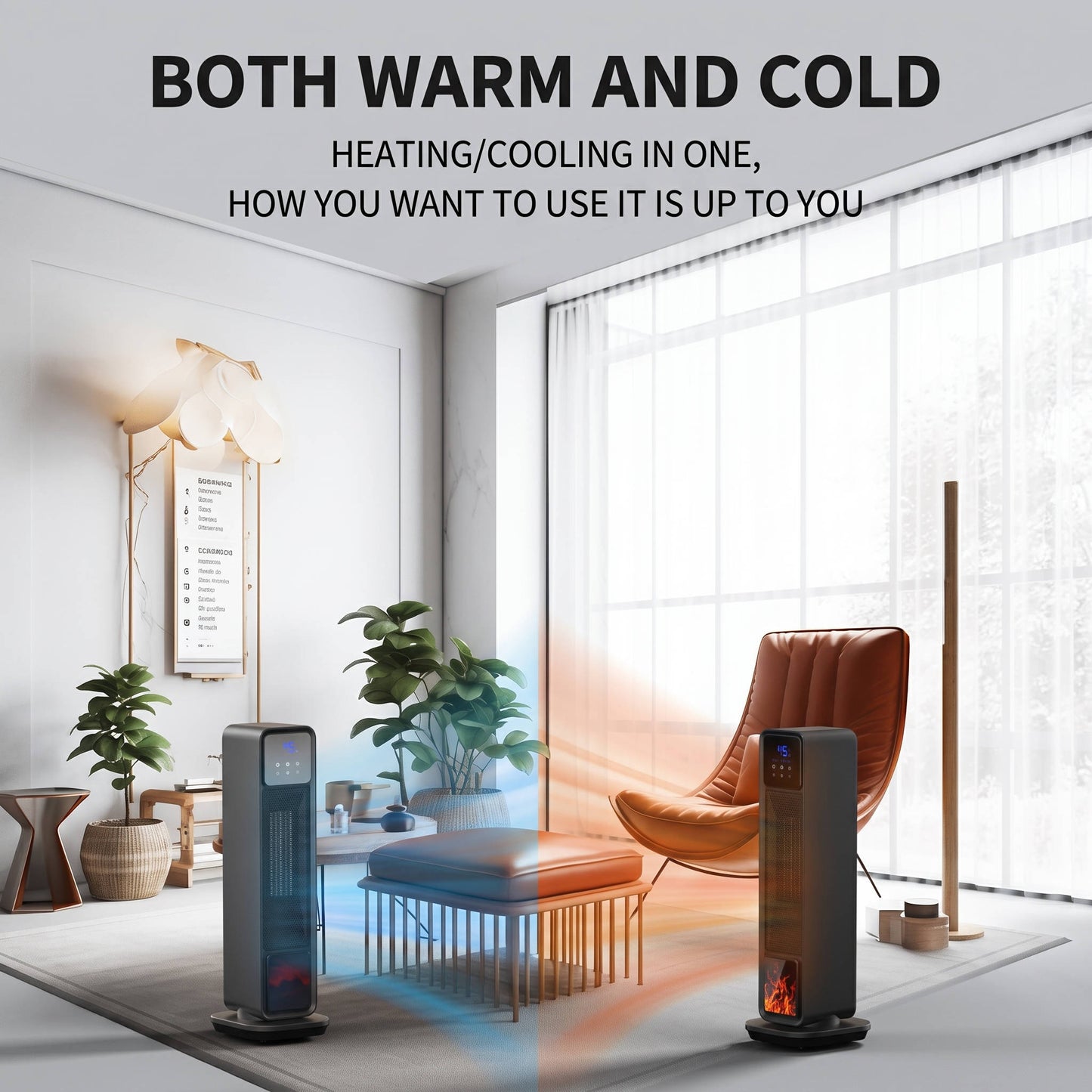 Oscillating Ceramic Space Heater, Electric Tower Heater with 3D Flame and Remote for Large Room Bedroom Office Home