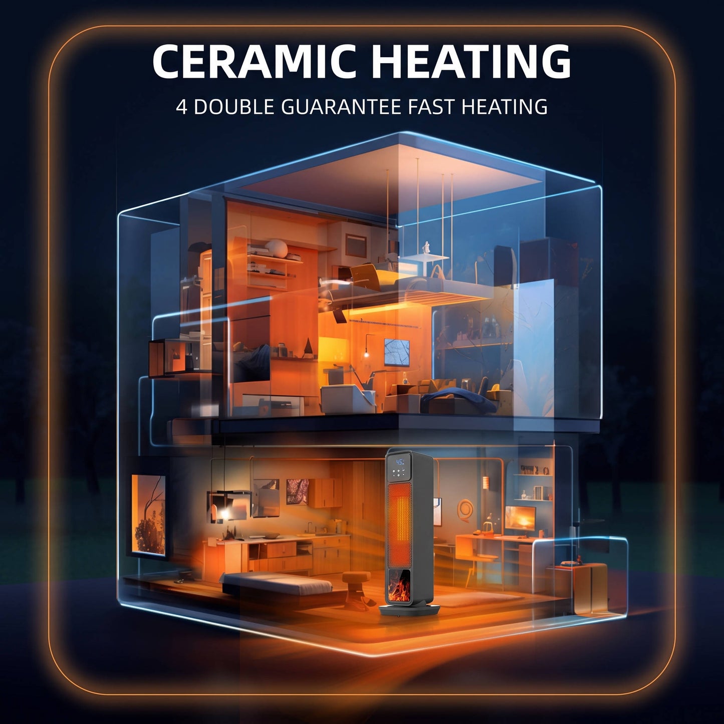 Oscillating Ceramic Space Heater, Electric Tower Heater with 3D Flame and Remote for Large Room Bedroom Office Home