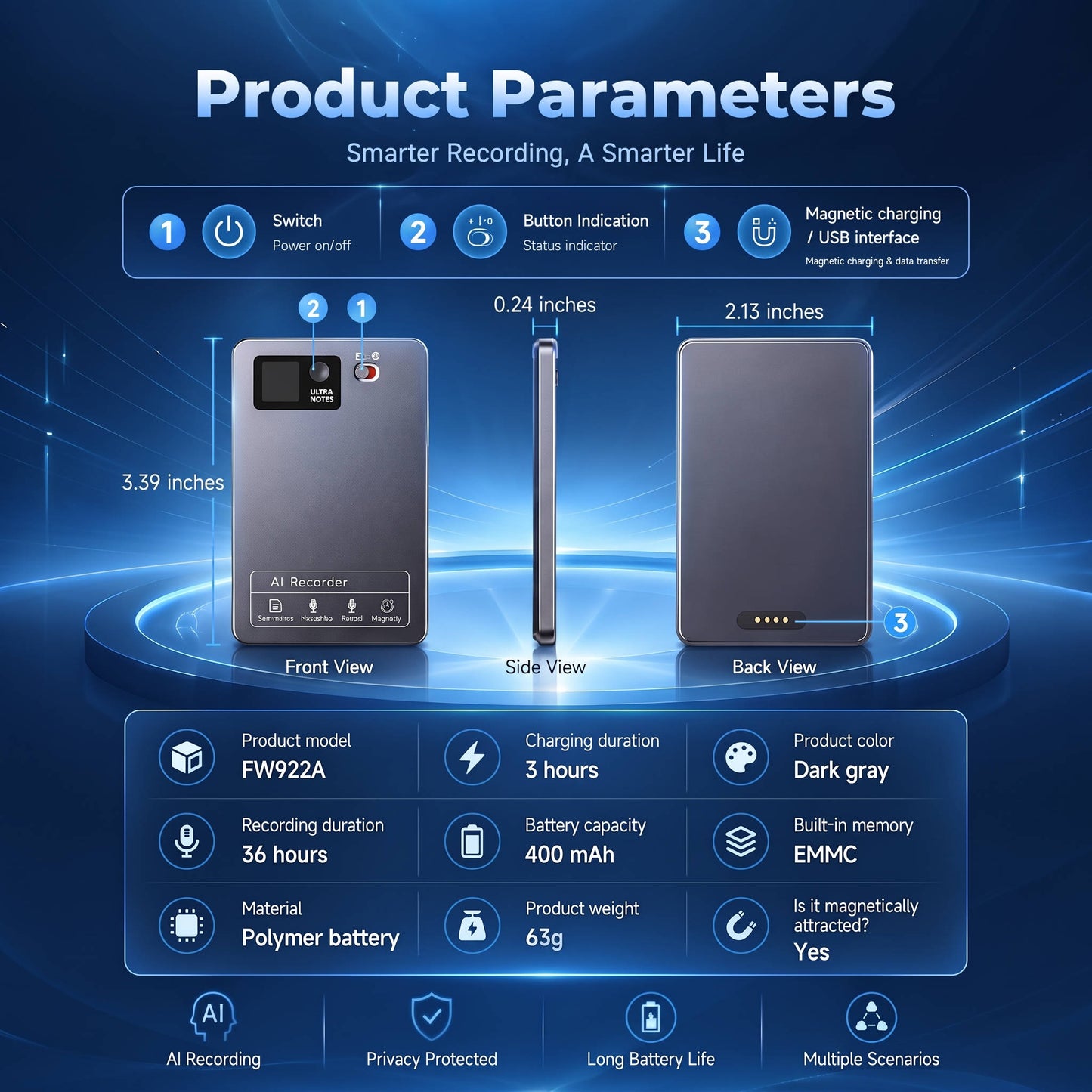 AI Voice Recorder, Smart Meeting Notes, Real Time Translation & AI Noise Reduction, Portable Digital Audio Recorder