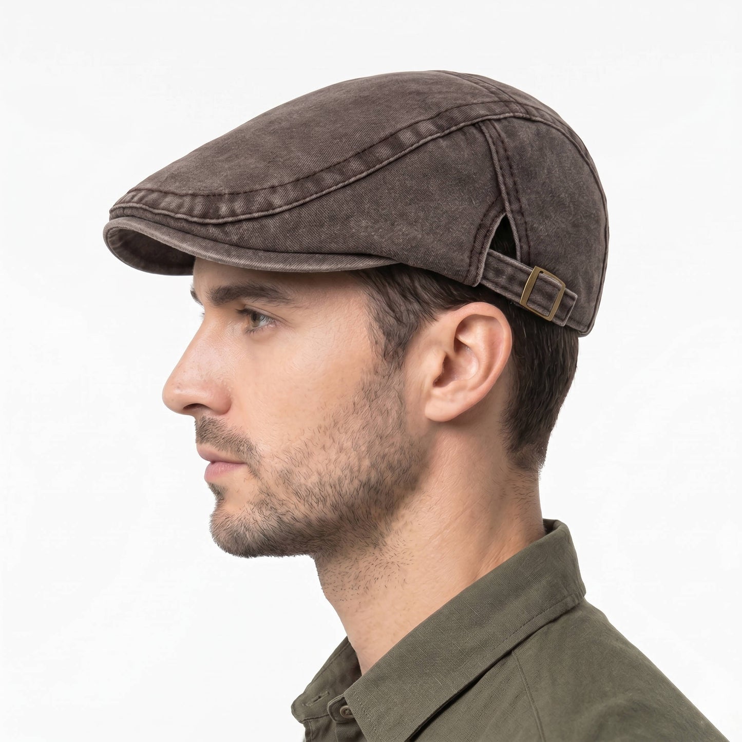 Washed Cotton Denim Newsboy Cap with Adjustable Interior Band and Eight Panel Design