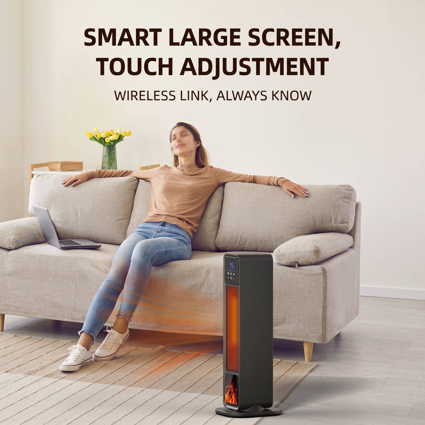 Oscillating Ceramic Space Heater, Electric Tower Heater with 3D Flame and Remote for Large Room Bedroom Office Home