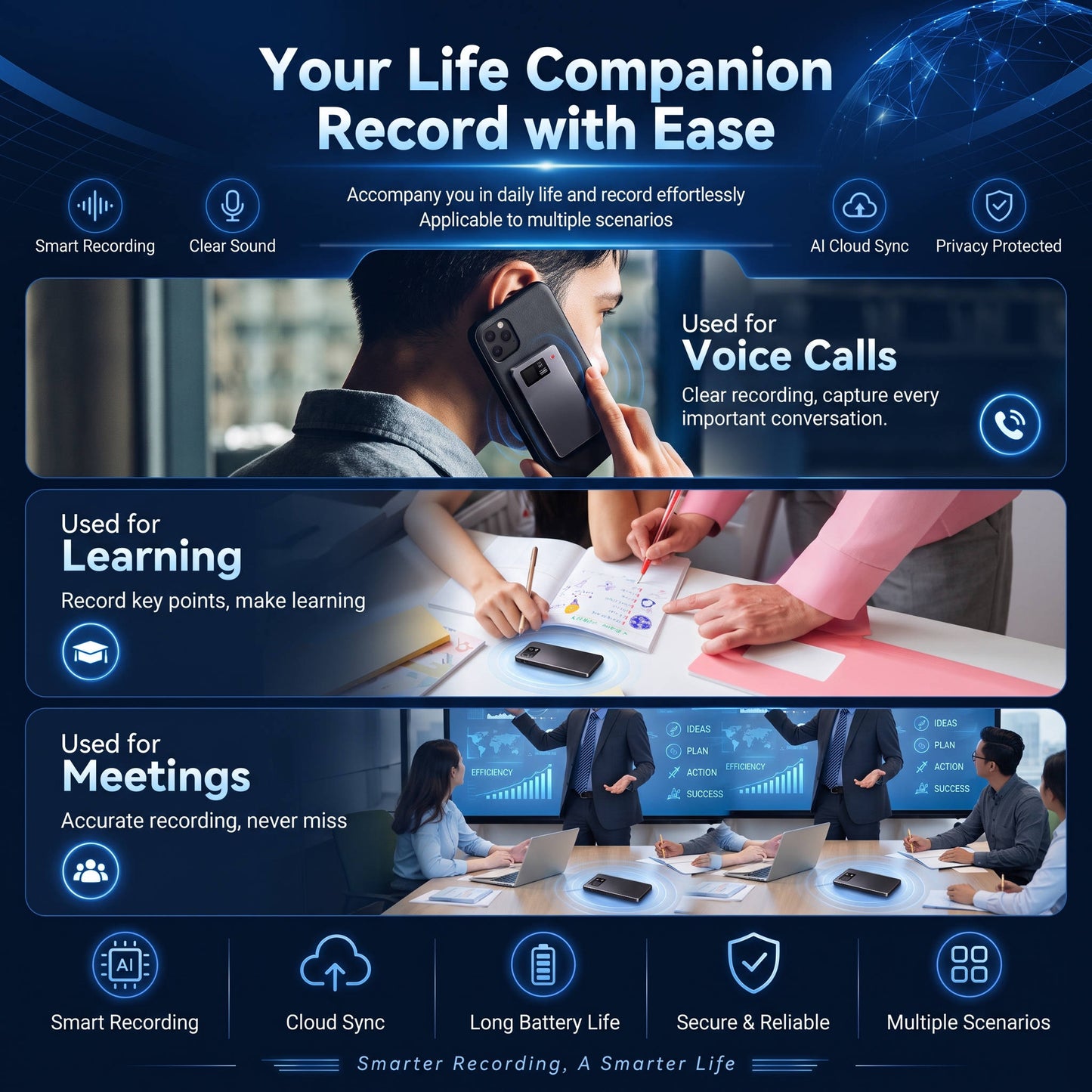 AI Voice Recorder, Smart Meeting Notes, Real Time Translation & AI Noise Reduction, Portable Digital Audio Recorder
