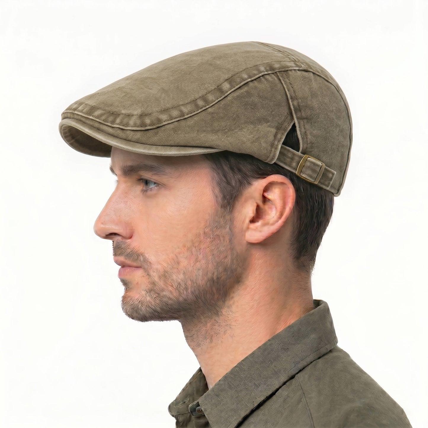 Washed Cotton Denim Newsboy Cap with Adjustable Interior Band and Eight Panel Design