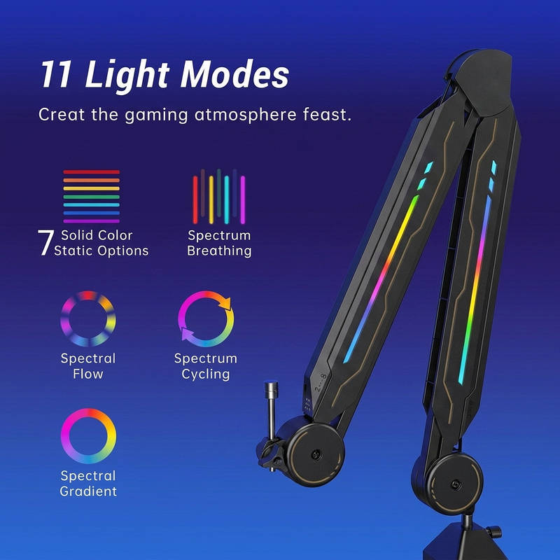 RGB Mic Boom desk Arm Stand Adjustable, 11 Light Modes Durable Steel USB Mic Stand for Gaming Streaming Podcast Recording
