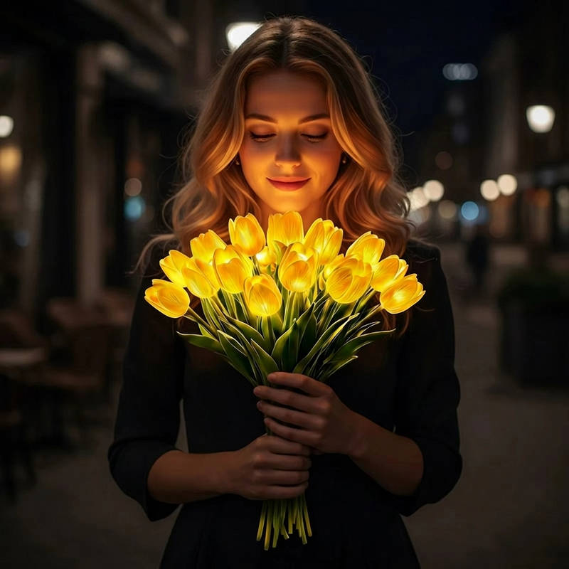 LED Tulip Night Light, Artificial Flower Table Lamp with Real Touch Petals, Battery Operated Lighted Tulip Bouquet for Bedside, Office & Home Decor