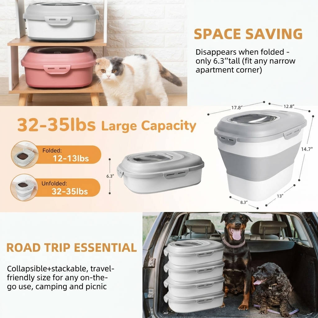 30 to 35 Lbs Dog Food Storage Container, Collapsible Airtight Pet Food Storage with Wheels, Scoop and 2 Containers