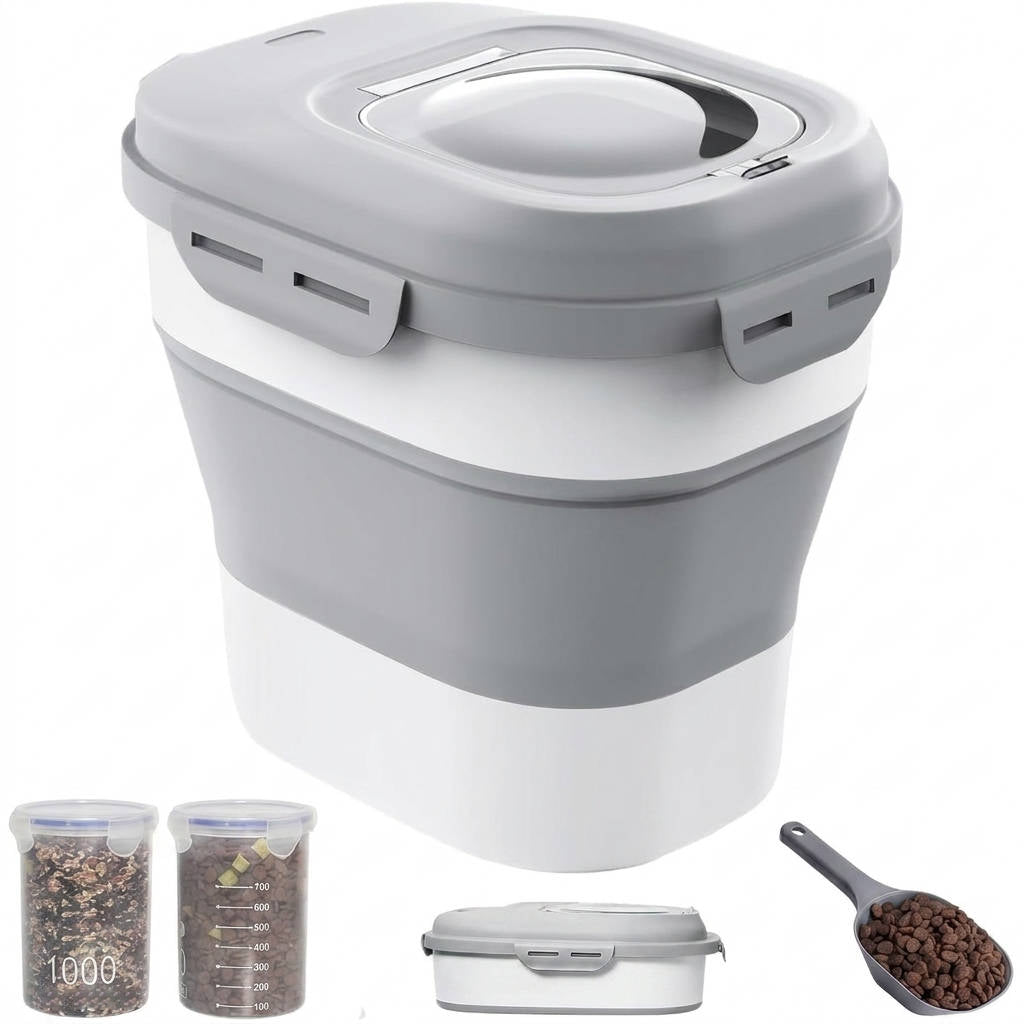 30 to 35 Lbs Dog Food Storage Container, Collapsible Airtight Pet Food Storage with Wheels, Scoop and 2 Containers