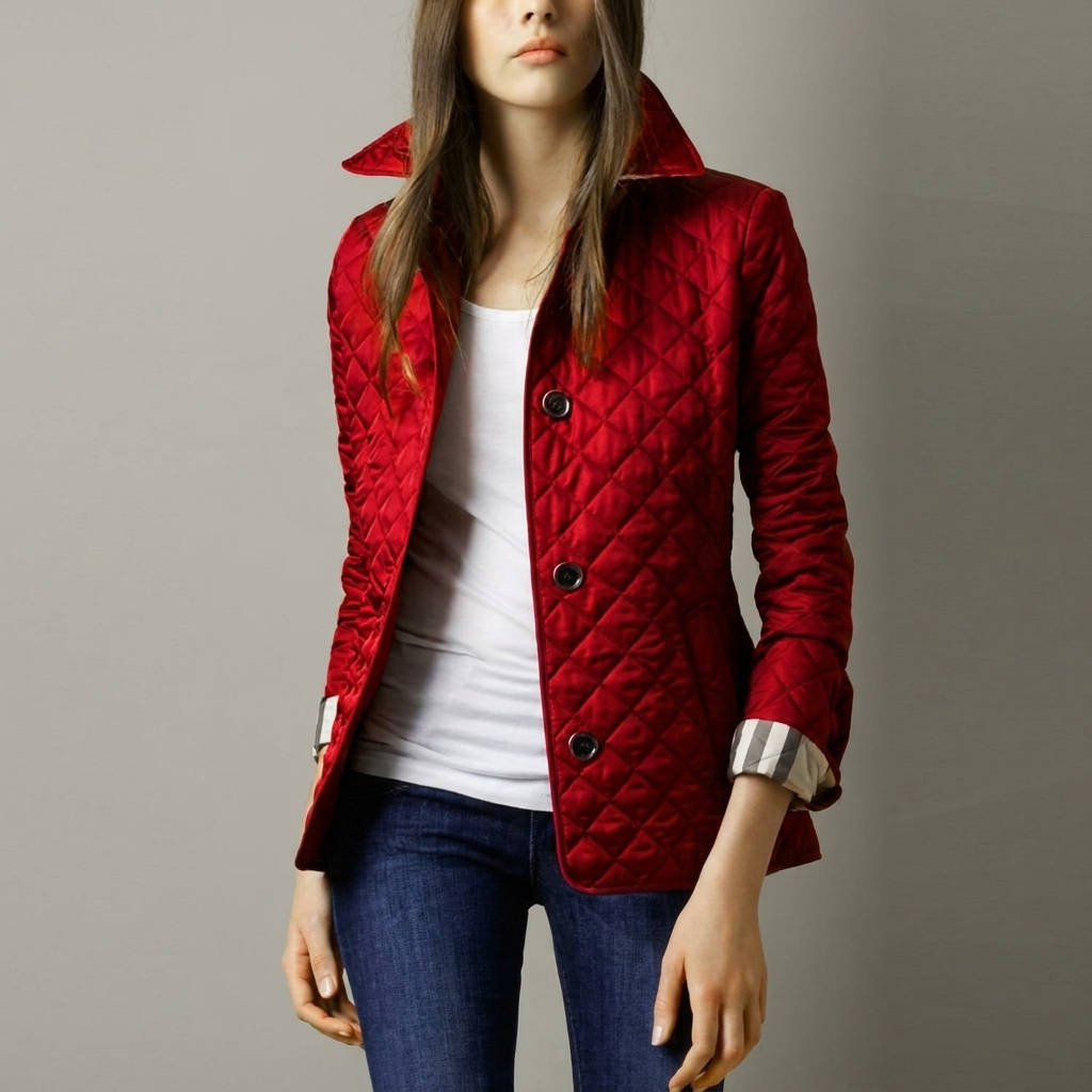 Womens Diamond Quilted Jacket with Stand Collar and Button Front, Hip Length