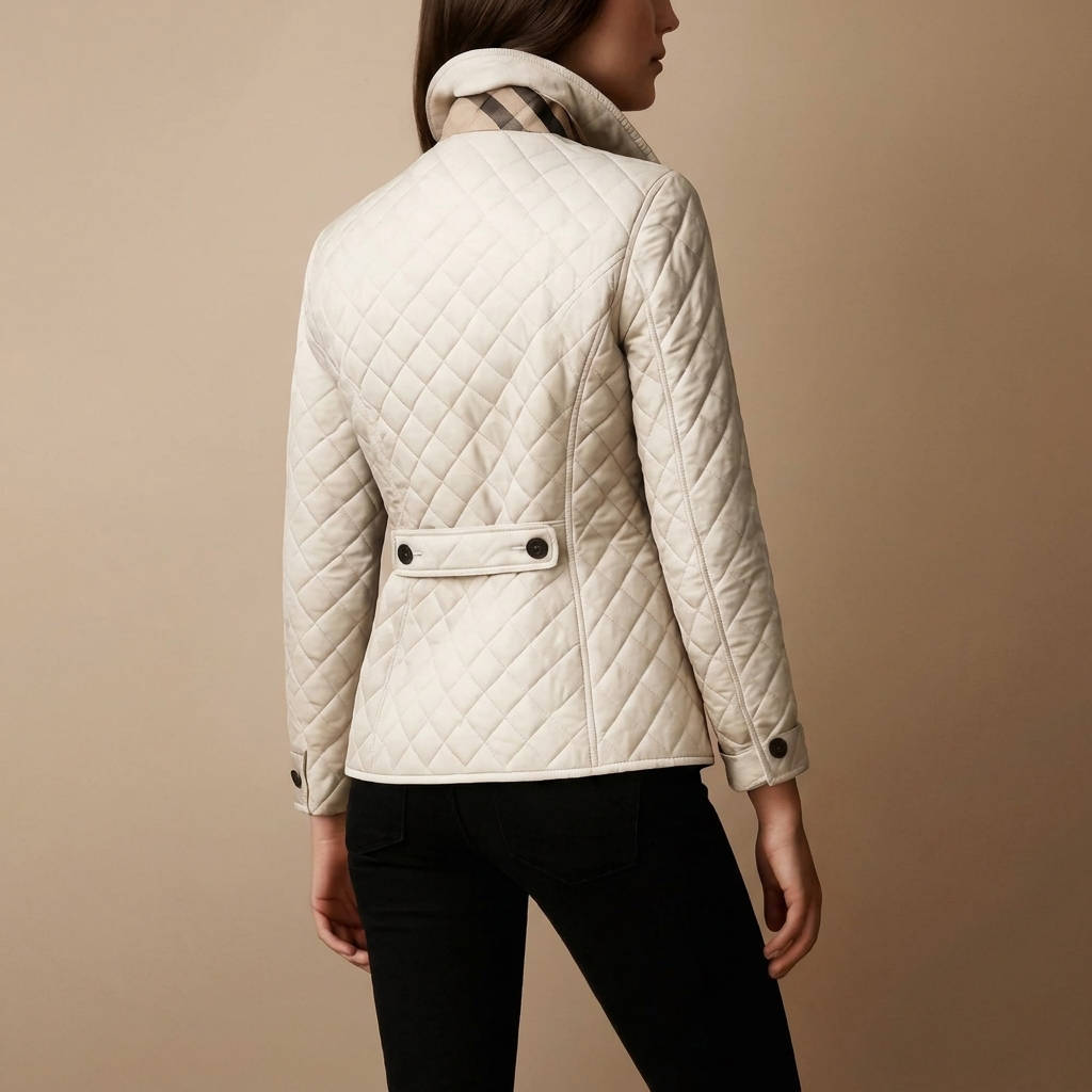 Womens Diamond Quilted Jacket with Stand Collar and Button Front, Hip Length