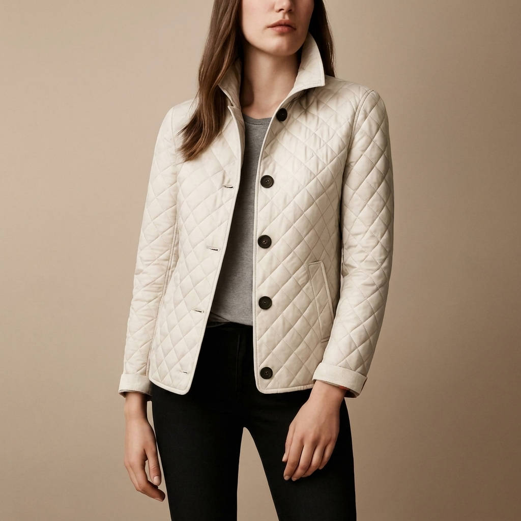 Womens Diamond Quilted Jacket with Stand Collar and Button Front, Hip Length
