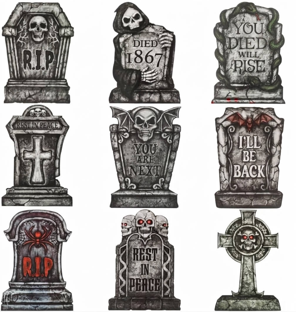 9 PCS 16 Inch Halloween Tombstones, Plastic Graveyard Headstones with 18 Metal Stakes for Outdoor Yard Lawn and Party Decor