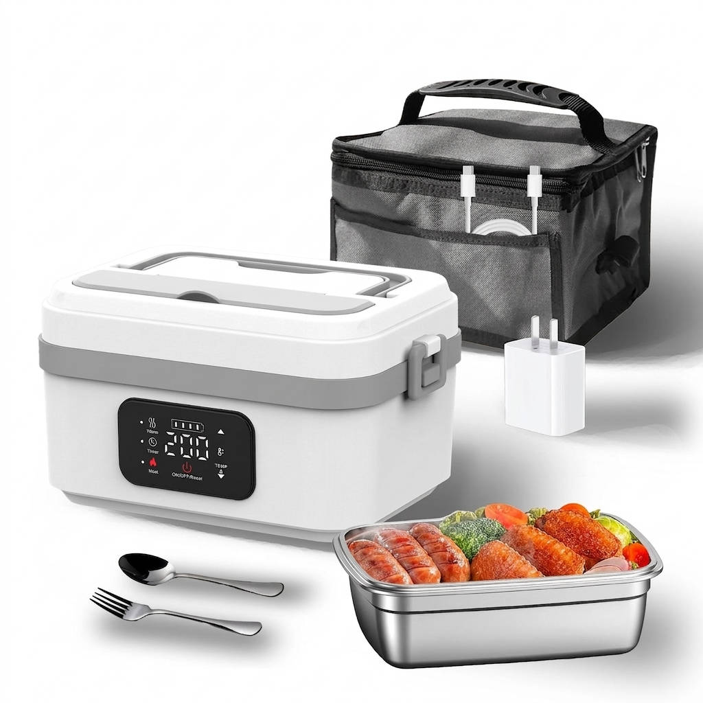 Electric Heated Lunch Box, Cordless 12000mAh Portable Food Warmer, Leak Proof Stainless Steel Container with Timer