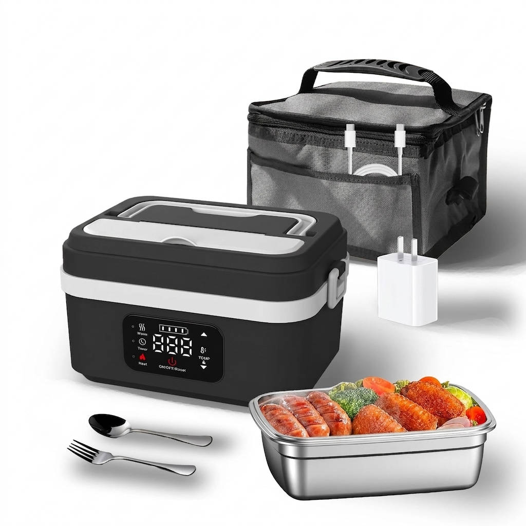 Electric Heated Lunch Box, Cordless 12000mAh Portable Food Warmer, Leak Proof Stainless Steel Container with Timer