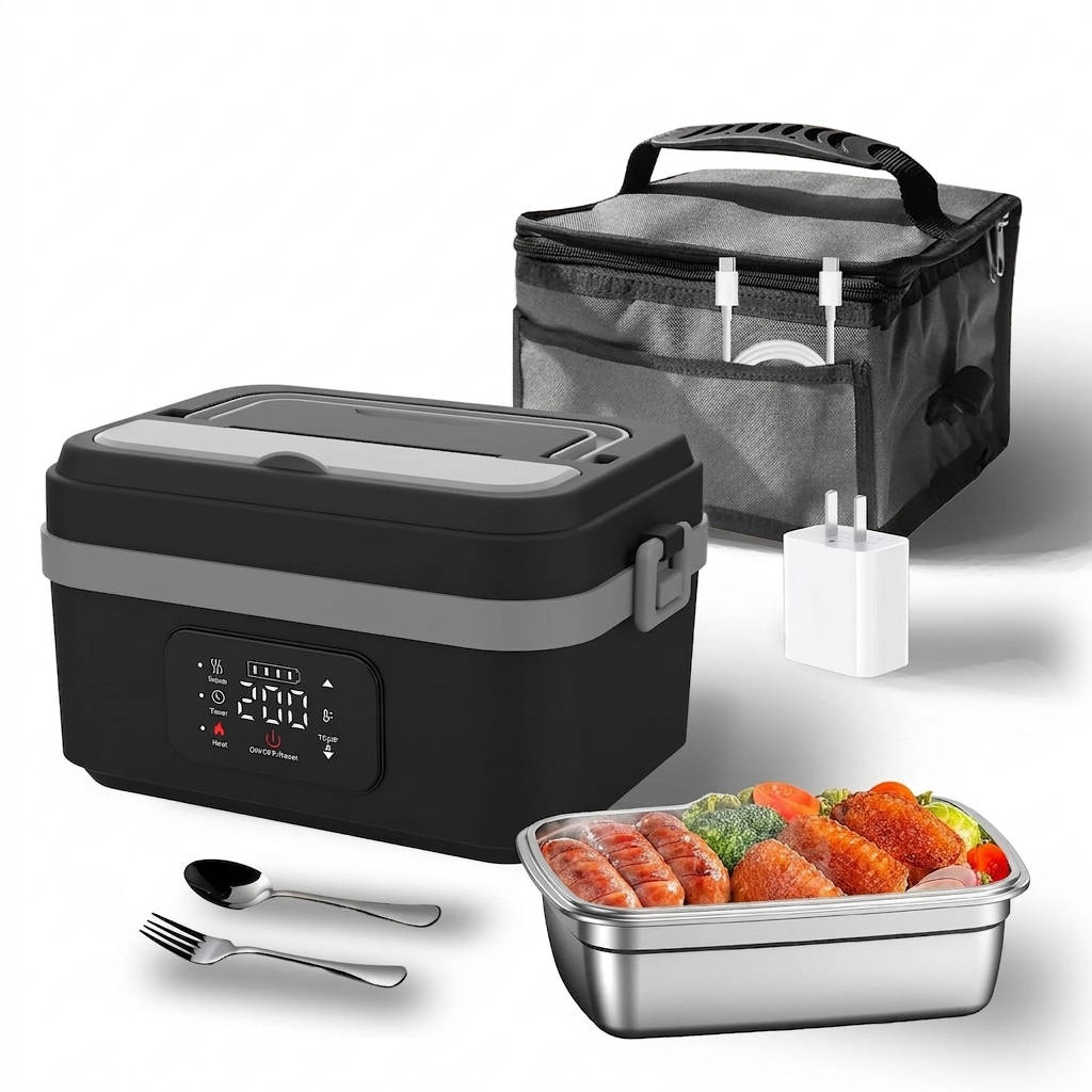 Electric Heated Lunch Box, Cordless 12000mAh Portable Food Warmer, Leak Proof Stainless Steel Container with Timer